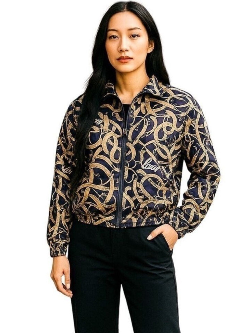 Vintage Silk Jacket Women's Medium 100% Silk Bogari Navy, Beige, and Gold Zip Up